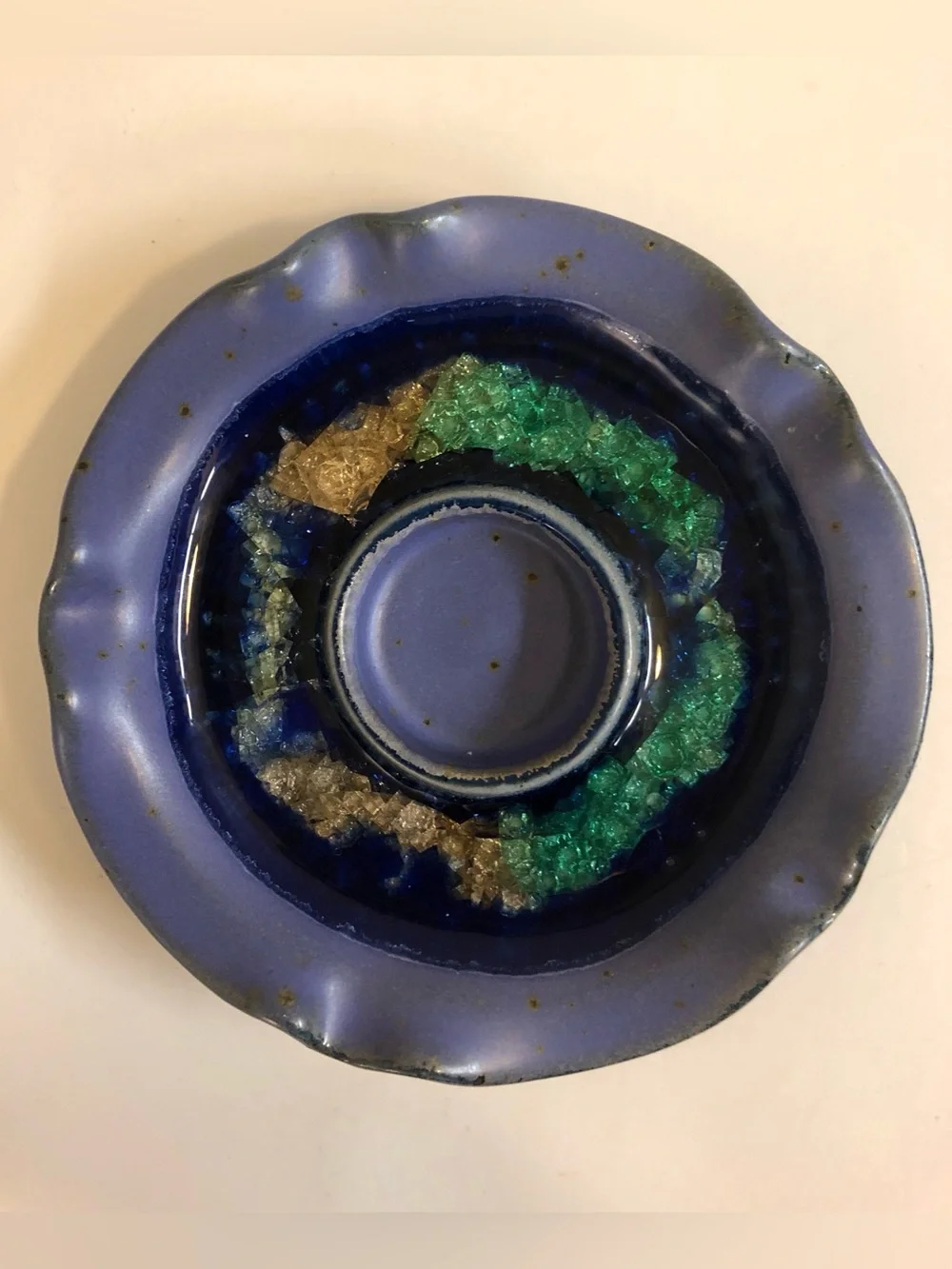 Pottery tea light votive candle holder Handcrafted  Crushed Glass